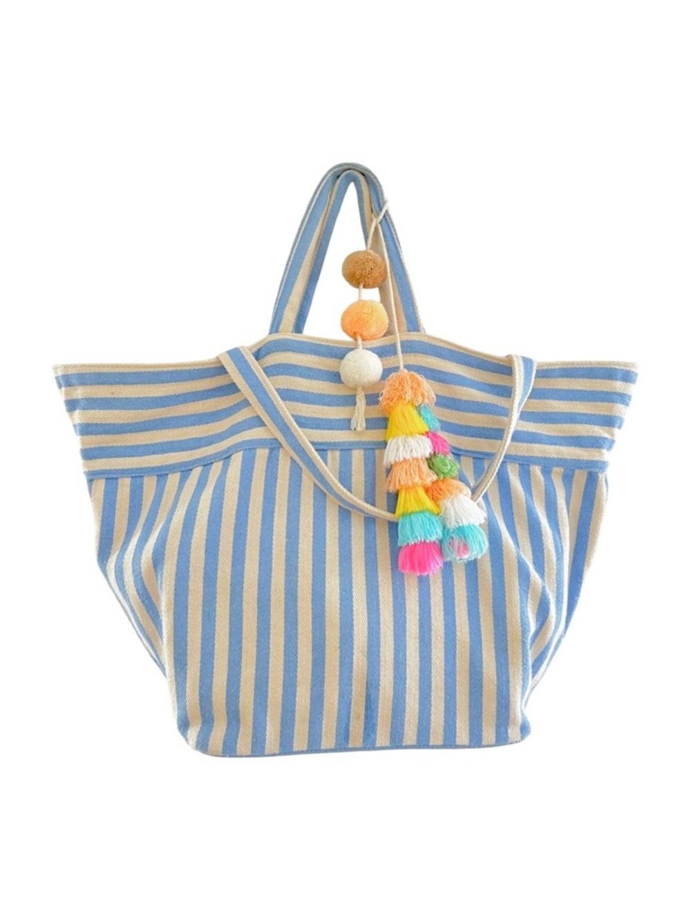 JADE Tribe Valerie Boho Chic XL beach bag, blue cabana stripes & tassels